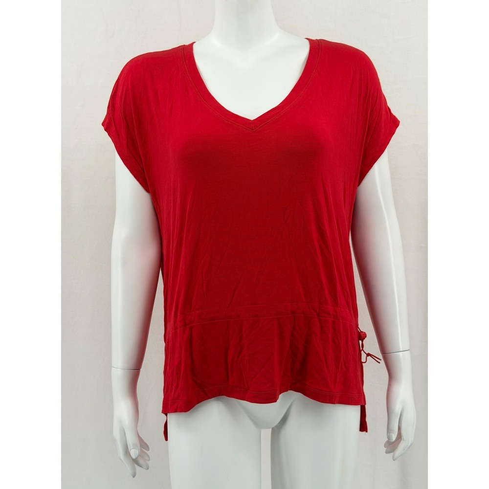 Cabi Top Women Small Red Formal Tee V-Neck Short Sleeve Stretch Casual Oversized